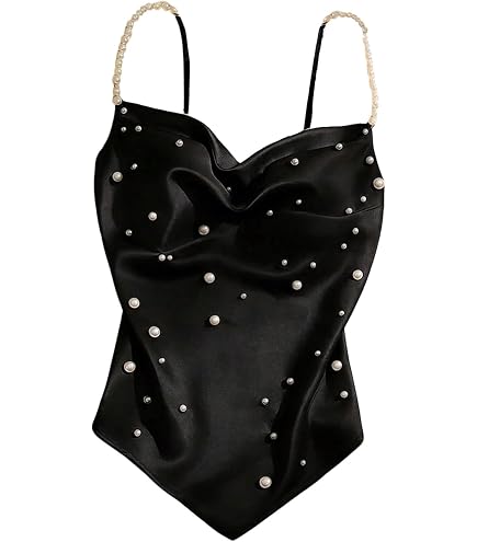 SOLY HUX Women's Pearls Beaded Halter Bow Front Cami Crop Tops